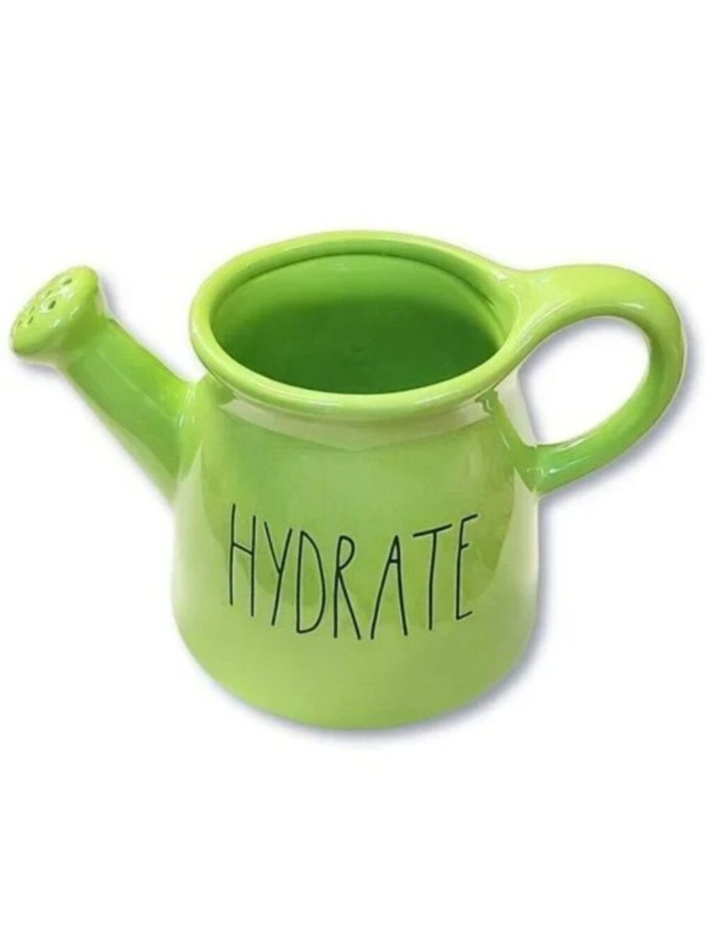 Small Green Ceramic Watering Can With "Hydrate" Text For Indoor Plants